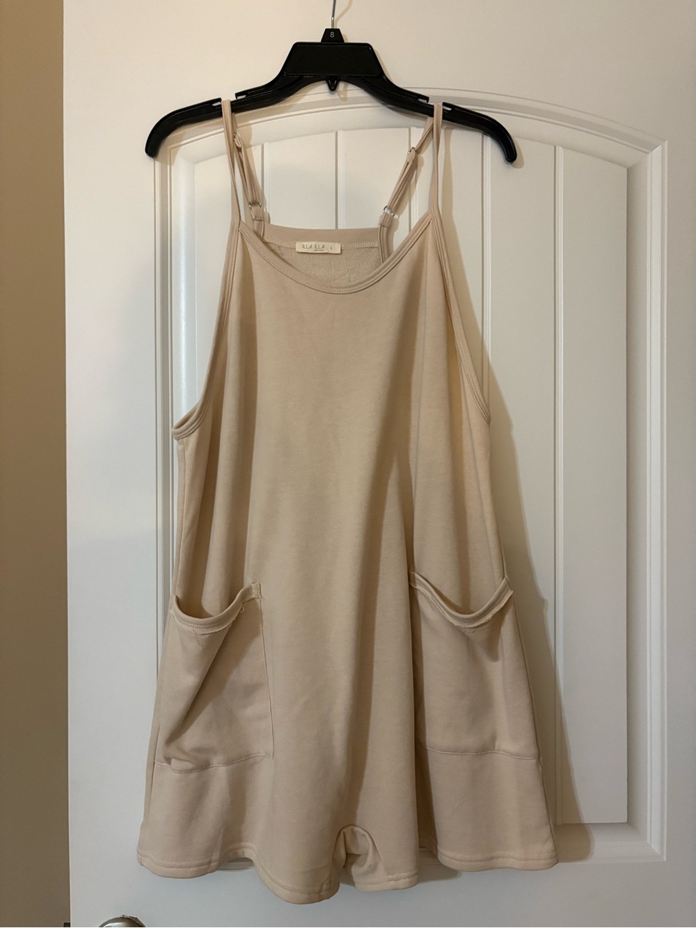 NWOT Sleeveless Beige Tank Romper with Front Pockets